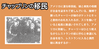 移民　アメリカに渡る移民船。賭博に勝ったチャーリーはお金を盗まれた娘と病気の母親のポケットにそっと数枚のお金を入れる。