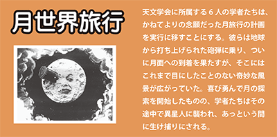 月世界旅行　天文学会に所属する学者たちは月旅行の計画を実行する。そこにはこれまで見たことのない風景が広がっていた。